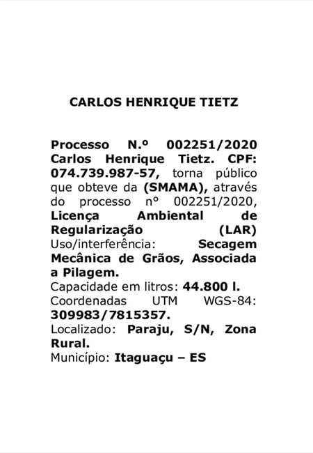 Licença Ambiental Obtida - CARLOS HENRIQUE TIETZ